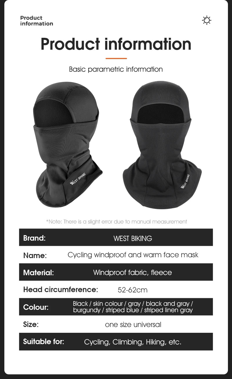 WEST BIKING Winter Cycling Scarf Fleece Keep Warm Balaclava Men Women Bicycle Hat Headwear Ski Helmet Liner Windproof Sport Cap