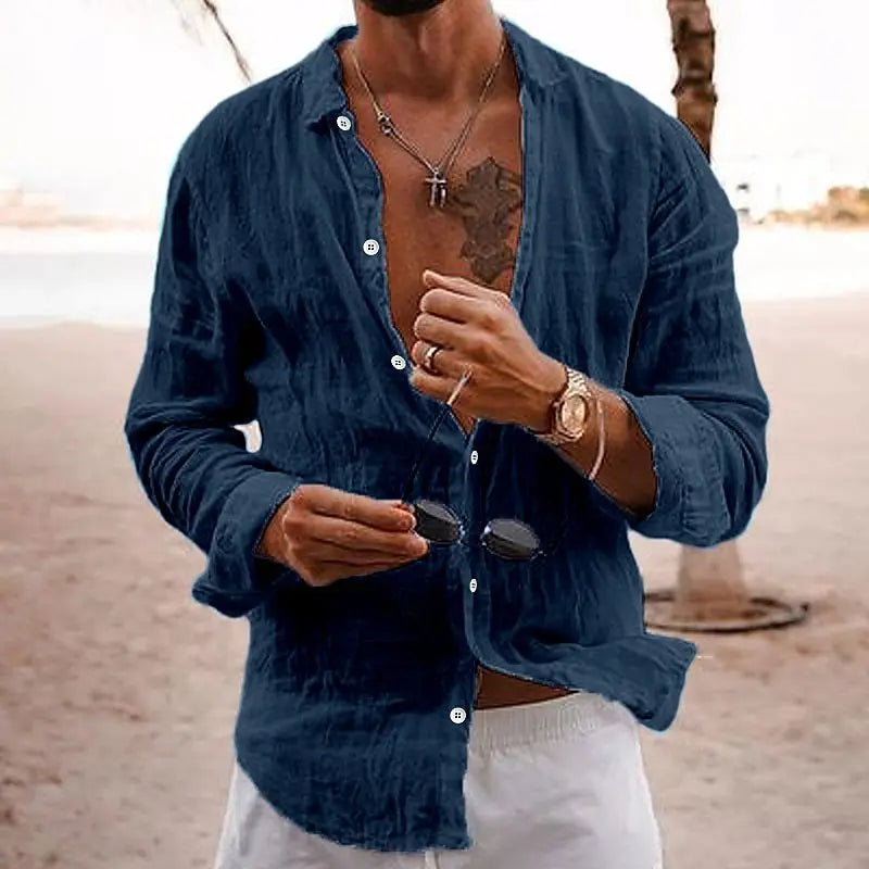 Men's Summer Shirt Casual Lightweight Solid Color Loose Single Breasted Lapel Cotton Linen Long Sleeve Shirt Vacation Beach Tops