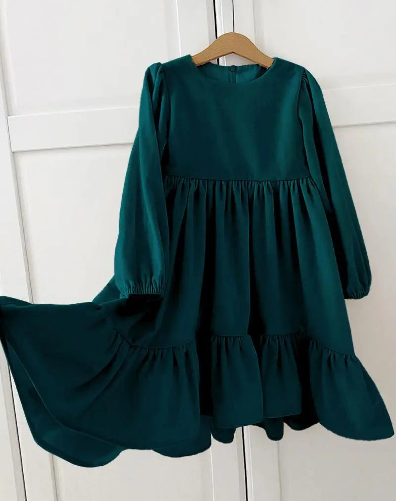 New 7-12 years Girls Spring Autumn Winter Velvet Long Sleeve Ruffle Hem Dress Princess Kids Party Dressess Children Clothing