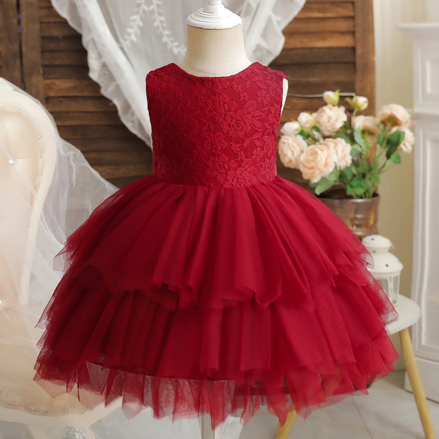 Flower Girl Dresses for Wedding Kids Lace Backless Tulle Tutu Princess Prom Party Clothes Baby 1st Birthday Baptism White Dress
