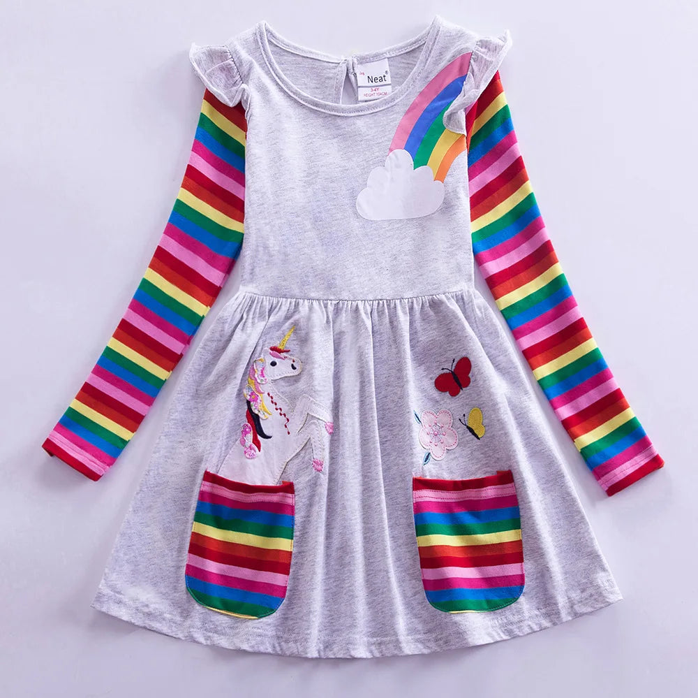 Girls' Long Sleeve Unicorn Dress Autumn Embroidery Two Pockets Rainbow Sleeves 81035