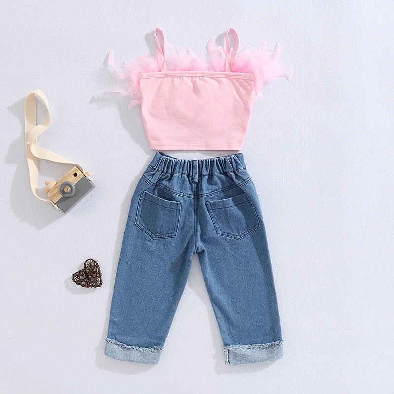 FOCUSNORM Little Girls Fashion Clothes Sets 1-6Y Ruffles Fur Feather Sleeveless Camisole Tops+High Waist Denim Pants 2pcs