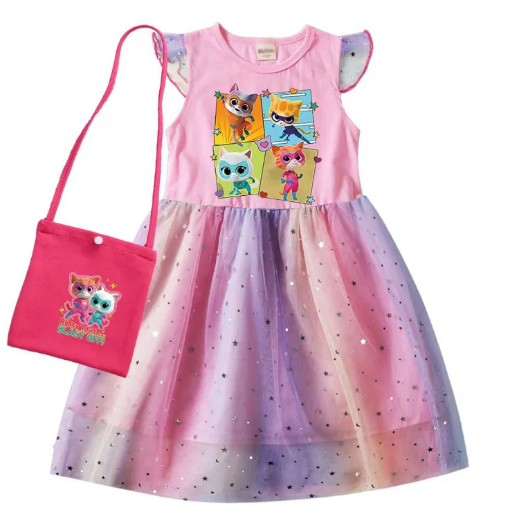 children SuperKitties Costume kids Cosplay Super Kitties clothes for Girls Flying Sleeves A-Line Dress with Bag and Headband