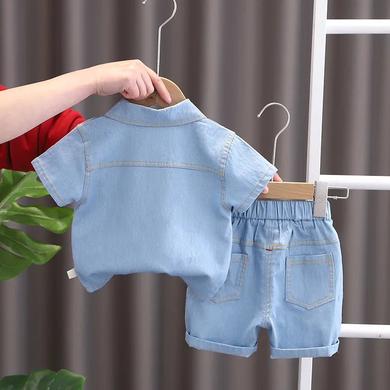 Summer new shirt 2024 boys lapel short-sleeved suit kidsren's clothing kidsren's workwear casual pants shirt two-piece set