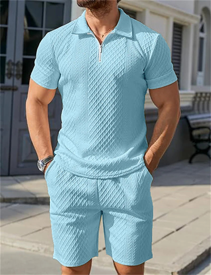 2025 New Men Suit Fashion Men's Summer Jacquard Half Zip Short Sleeve Polo Shirt+Shorts 2 PCS Sets Men Casual Sports Suit