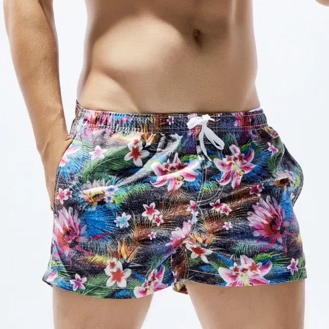 SEOBEAN Mens Board Swim Shorts Men Beach Swimming Suit Bermuda Surf Short Flowers Pattern Pocket Design for Man Sea GYM Wear