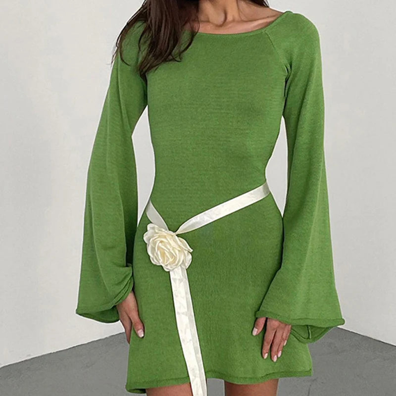 New sexy Backless Round Collar Cover-Ups Solid Color Knit Beachwear Stylish Horn Sleeve Beach suit Female Holiday wrap Dress