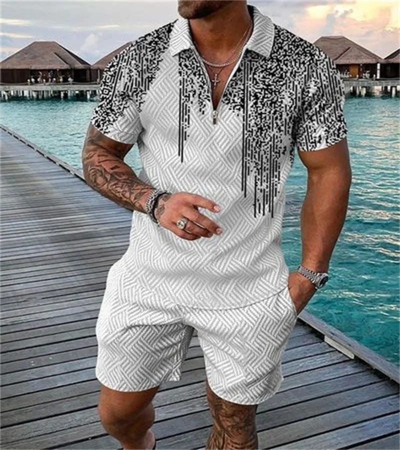 Funny 3D Polka Dot Print Men's Short Sleeve Sets Fashion Zip Polo Shirt Shorts 2 Piece Outfit Summer Street Clothing Casual Suit