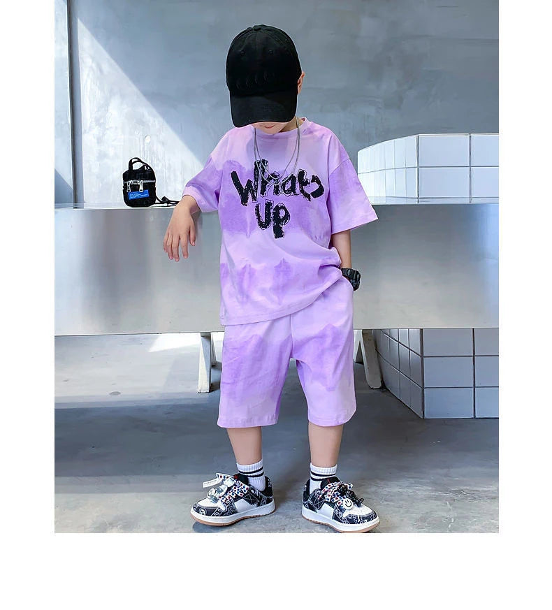 2024 New Boy Summer Quick dry Suit Children Streetwear what's up Short Sleeve TShirt + Shorts Two piece Sports Set Loose Outfits