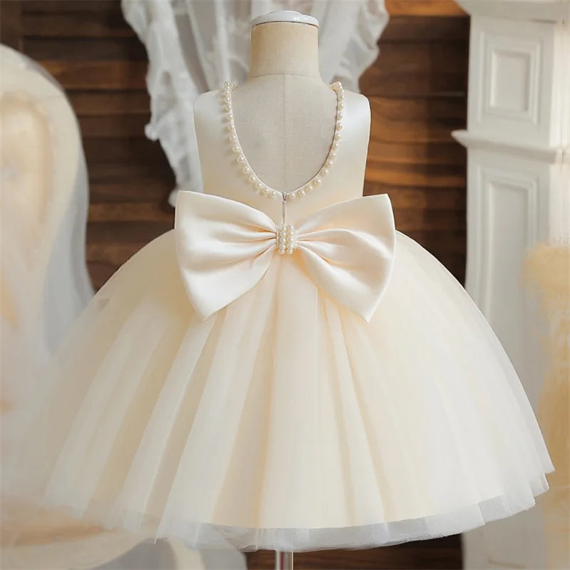 Flower Girl Dresses for Wedding Kids Lace Backless Tulle Tutu Princess Prom Party Clothes Baby 1st Birthday Baptism White Dress