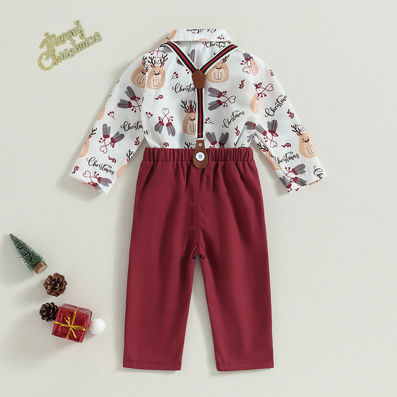 0-24M Baby Boys Formal Suit for Christmas Infant Long Sleeve Santa Print Shirts with Bow-tie + Suspender Pants Gentleman Set