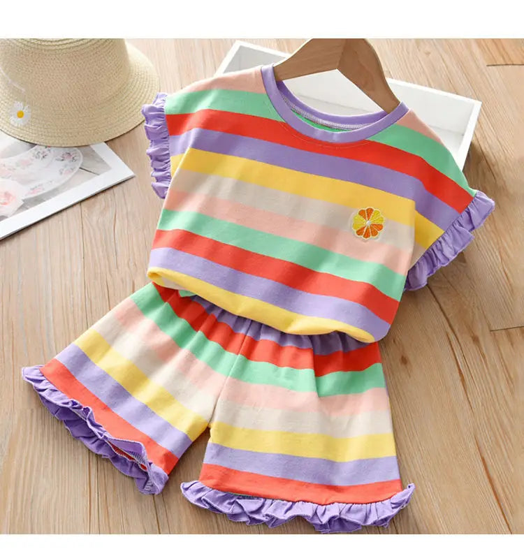 Children's Clothing Sets Floral Embroidery Short Sleeve Lace Top + Striped Printed Shorts 2pcs Sets Kids Clothes for Girls