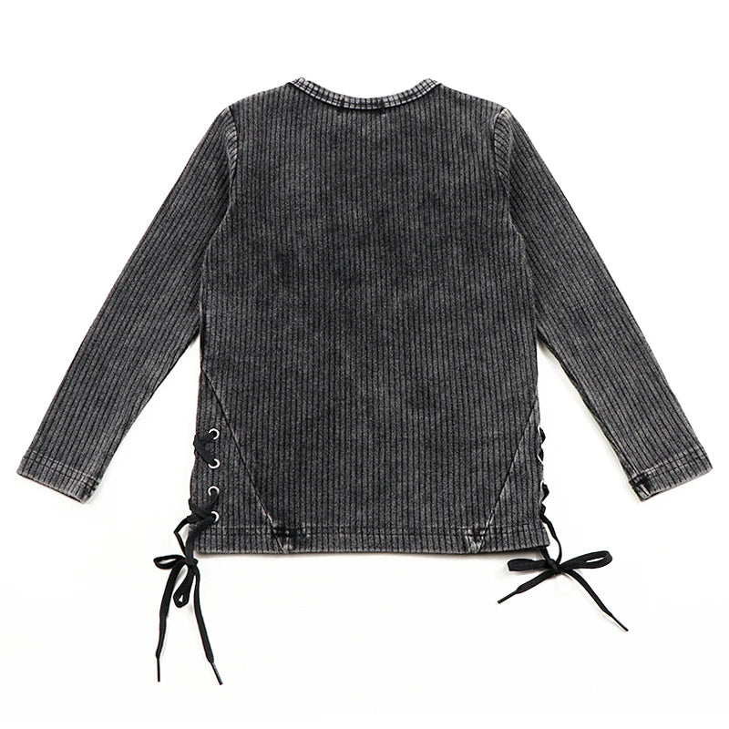 2024 ribbed black washed sets with string winter clothes dress for girls childhood shirts and baby pants black tired dresses
