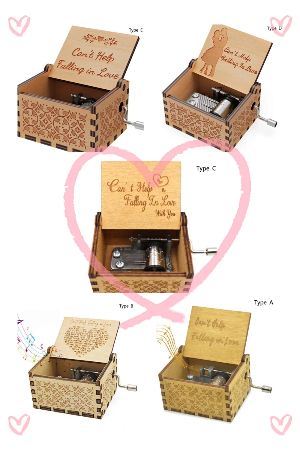 Wooden Hand-Cranked Music Box Vintage Engraving Music Box Can't Help Falling in Love Valentines Day Gift Birthday Presents