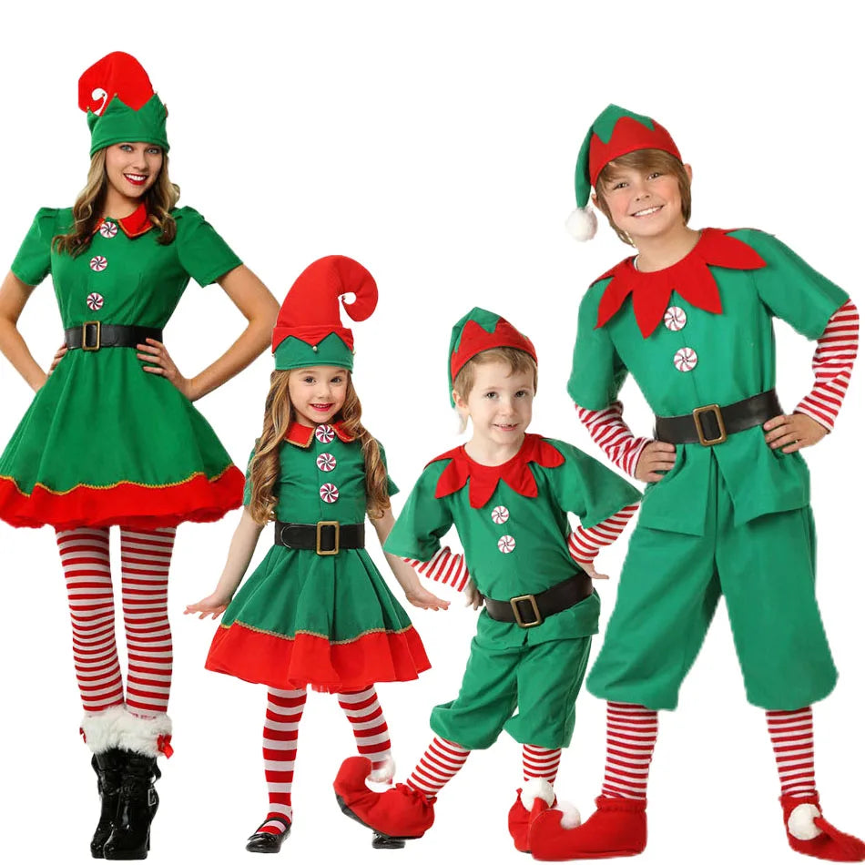 2024 Christmas Clothing Set Boy Girl Family Matching Outfit Kid Adult Santa Claus Cosplay Costume Hat Socks Pant Elf Clothes