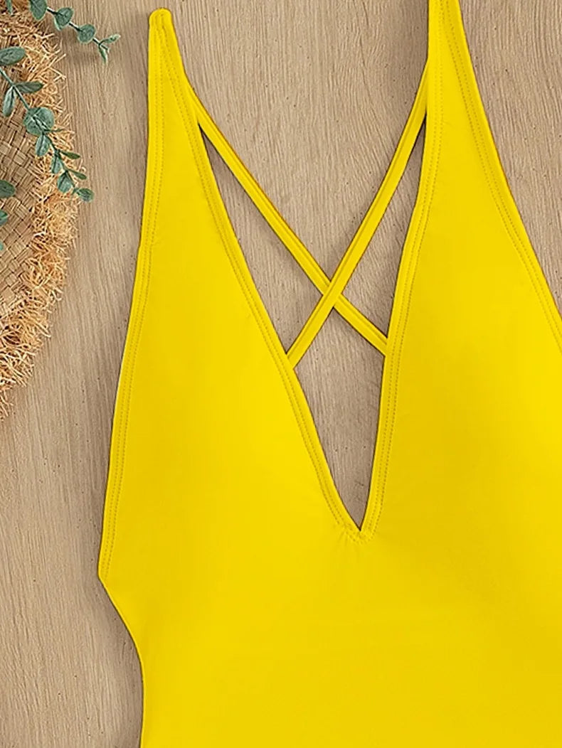 Fashion Solid Deep V Neck One Piece Swimsuit Women Yellow White Hollow Out Pleate Swimwear Beach Bandage Bathing Suit Monokini