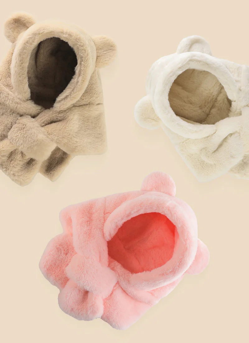 Winter Baby Hat Scarf One-Piece Faux Fur Kids Hats Cartoon Bear Warm Neck Ear Cap for Boys Girls Windproof Beanies Infant Stuffs