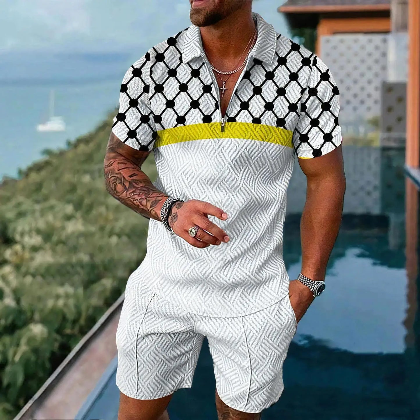 White Plaid Graphic Men's Polo Shirt Sets Casual Zipper Shirts+Shorts Sportswear Golf Stand Collar Tops Suits Male Clothing