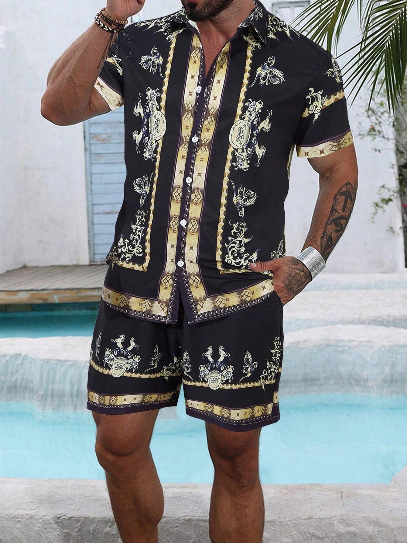 Striped shirt set Men's Short-sleeved Shirt Summer Short-sleeved Shirt Beach Shorts Men's Suit Street Casual y2k Shorts Leisure