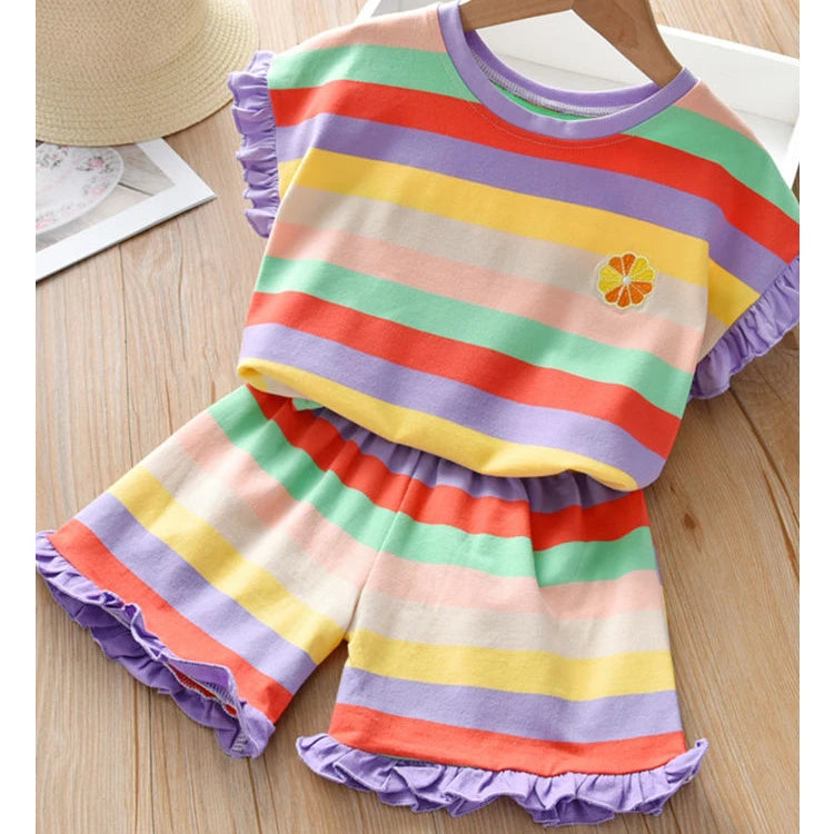 Children's Clothing Sets Floral Embroidery Short Sleeve Lace Top + Striped Printed Shorts 2pcs Sets Kids Clothes for Girls