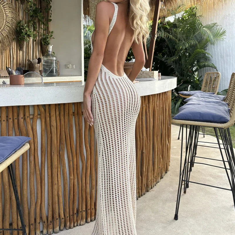 New Style Knitted Backless Slip Dress Sexy Hollow Out Beachwear Cover Up Women's Summer Beach Vacation Sunscreen Long Dress