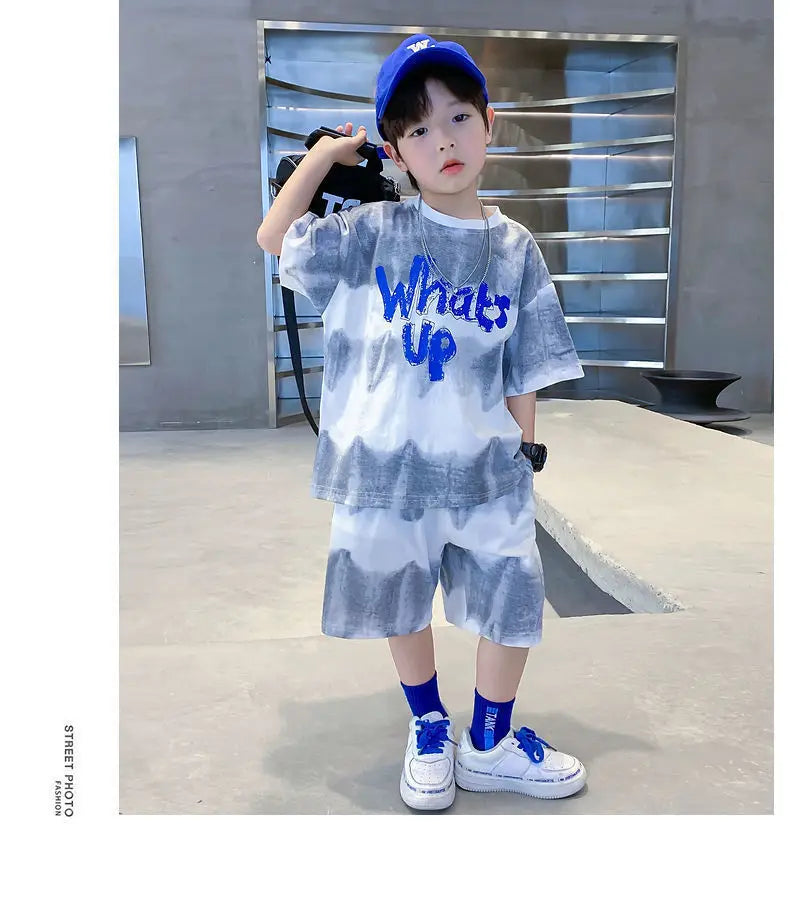 2024 New Boy Summer Quick dry Suit Children Streetwear what's up Short Sleeve TShirt + Shorts Two piece Sports Set Loose Outfits
