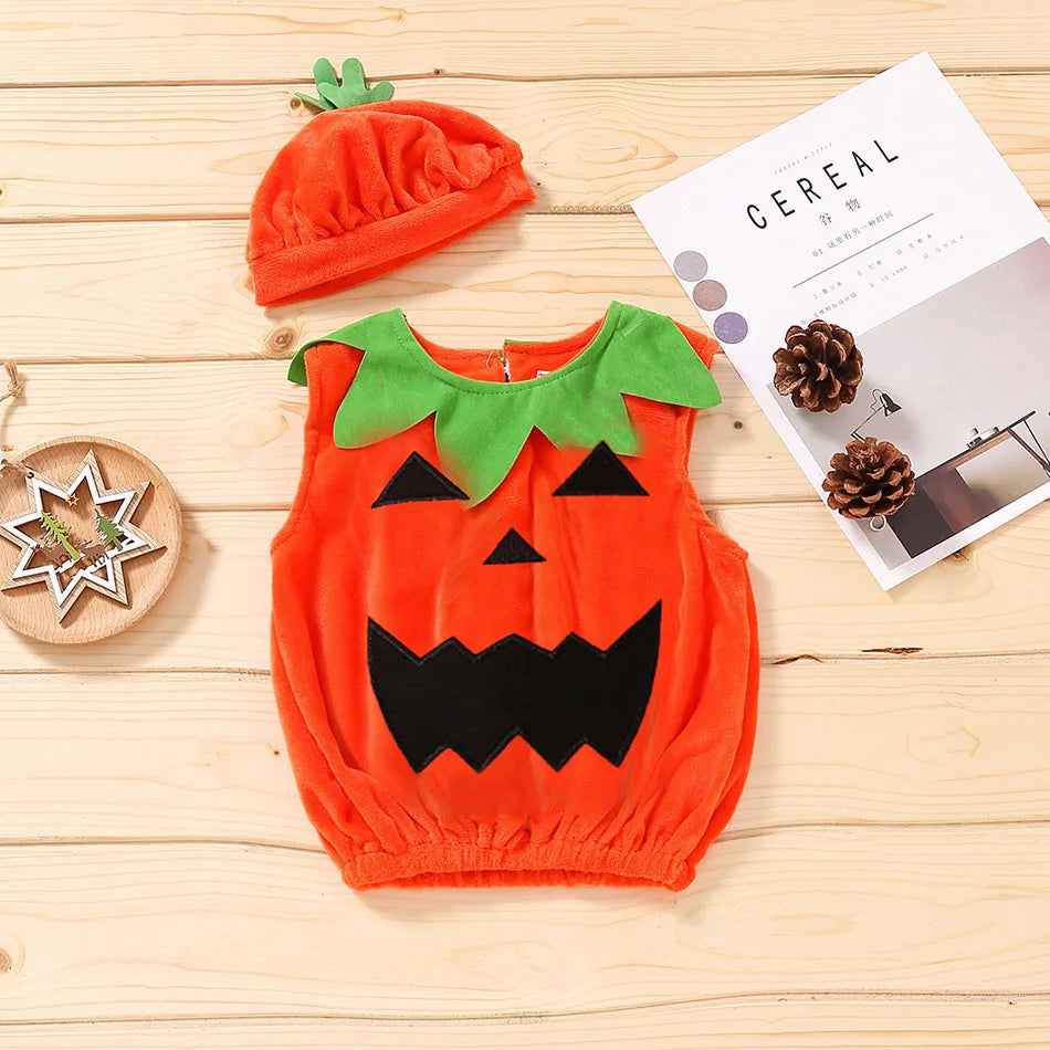 Baby Costume Kids Pumpkin Romper with Hat Boys Girls Cosplay One-Piece Infant Summer Casual Onesie Halloween Jumpsuit 0-5 Years