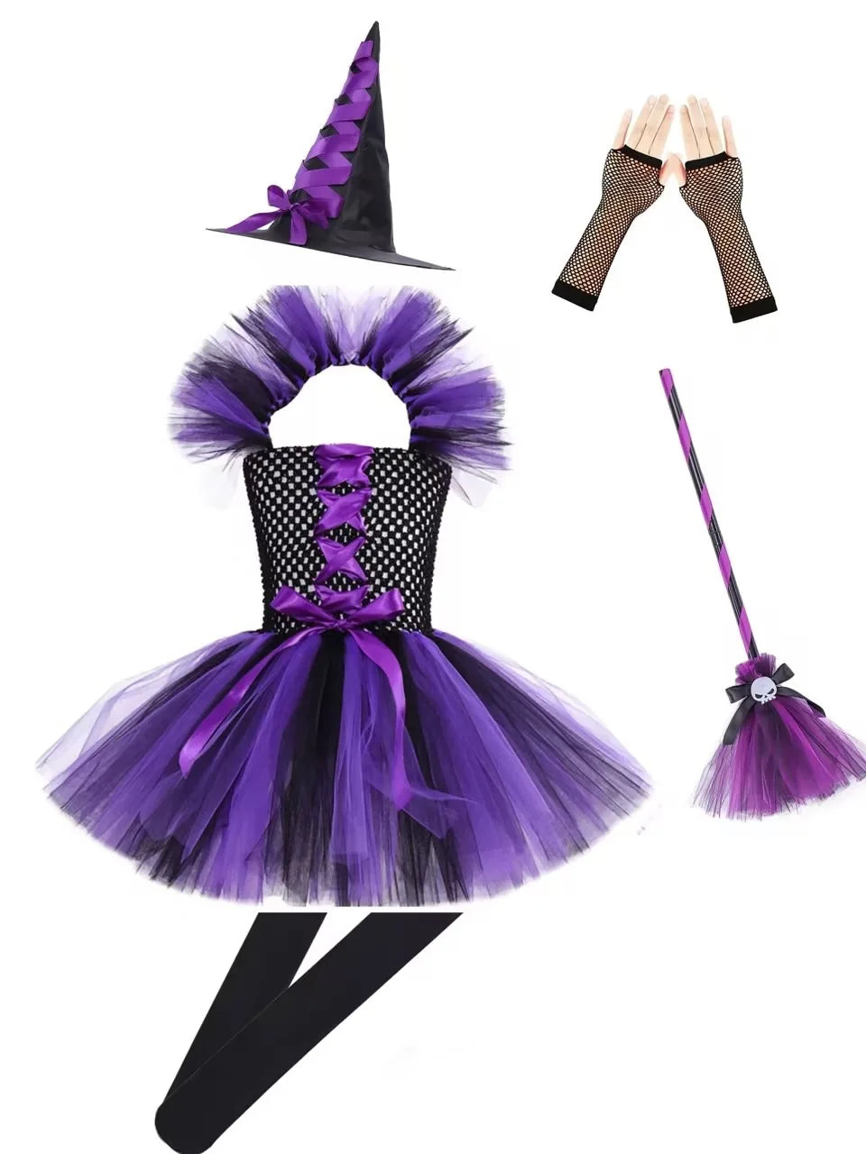 Halloween New Witch Dress Cosplay Costume Dress for Girl Carnival Party Dress Hat Broom Fancy Clothes Suit