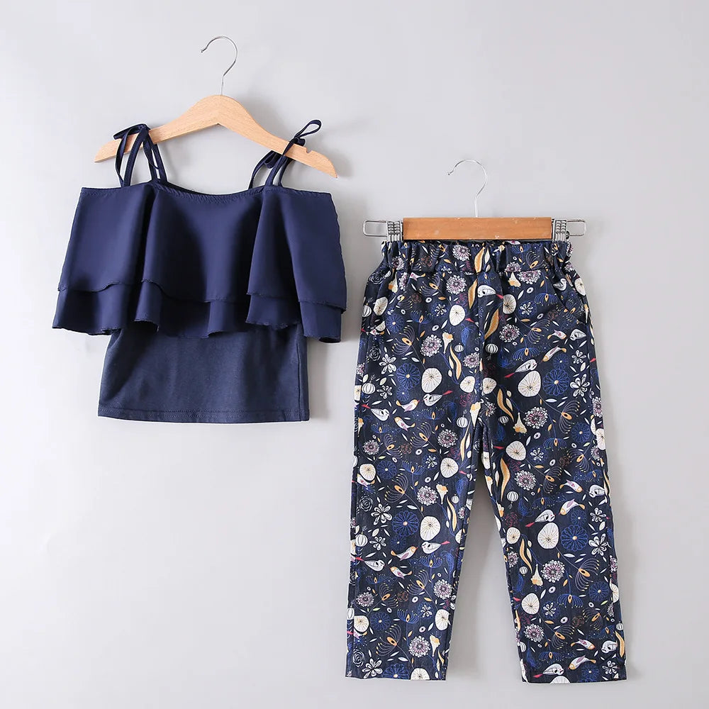 Summer Teen Girls Flower Chiffon Clothing Set Children Off Shoulder tops Floral Pants Kids Outfits Girl Clothes For 8 12 14Years