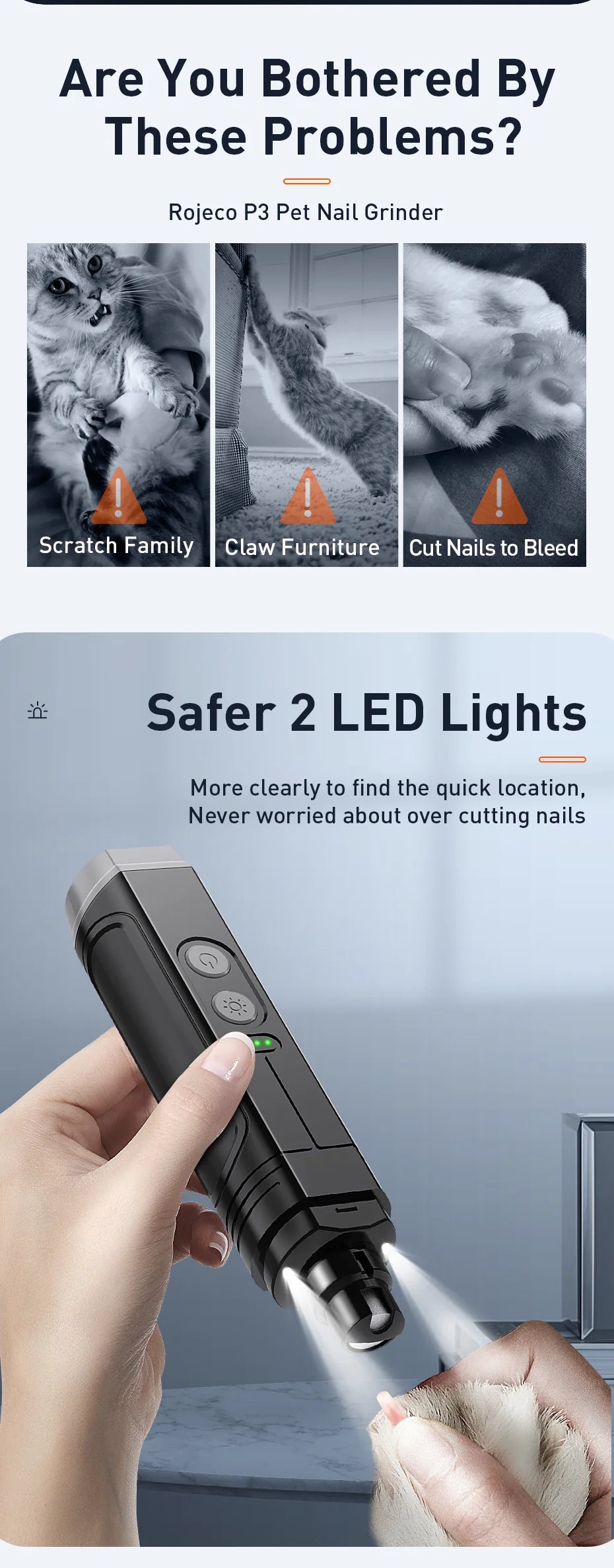 ROJECO P3 Electric Pet Nail Grinder Professional Dog Nail Clippers + 2 LED Light Rechargeable Cat Claw Nail Grooming Accessories