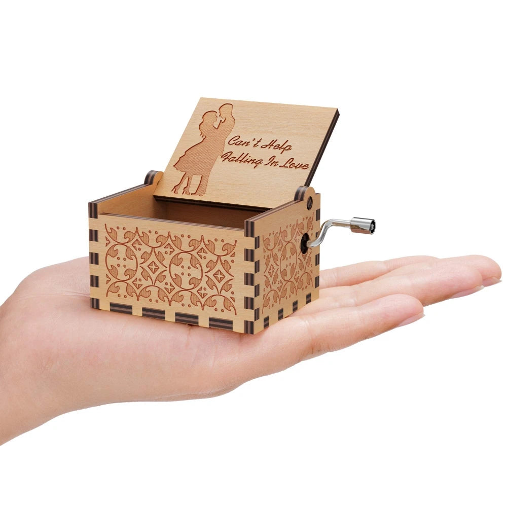 Wooden Hand-Cranked Music Box Vintage Engraving Music Box Can't Help Falling in Love Valentines Day Gift Birthday Presents