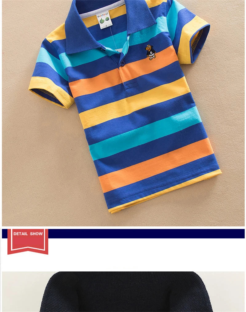T-shirt For Boys Summer Children Short Sleeve Stripe Tees Cartoon Bear Embroidery Tops Teens Breathable Polo Shirt Kids Clothing