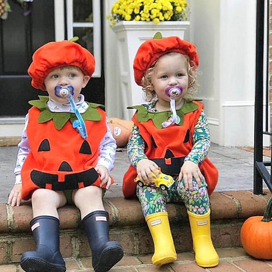 Baby Costume Kids Pumpkin Romper with Hat Boys Girls Cosplay One-Piece Infant Summer Casual Onesie Halloween Jumpsuit 0-5 Years