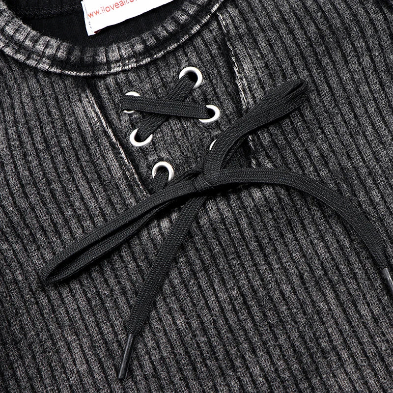 2024 ribbed black washed sets with string winter clothes dress for girls childhood shirts and baby pants black tired dresses