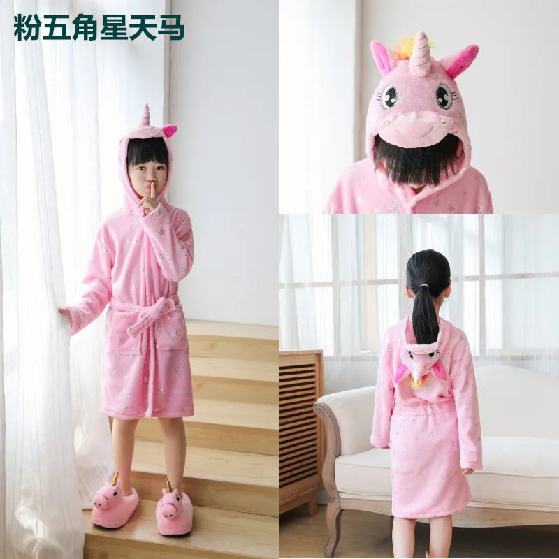 Boys Girls Hooded Bathrobe Toddler Unicorn Anime Cartoon Towel Beach Children's Sleepwear Baby Kids Bath Robes Pyjamas Nightgown