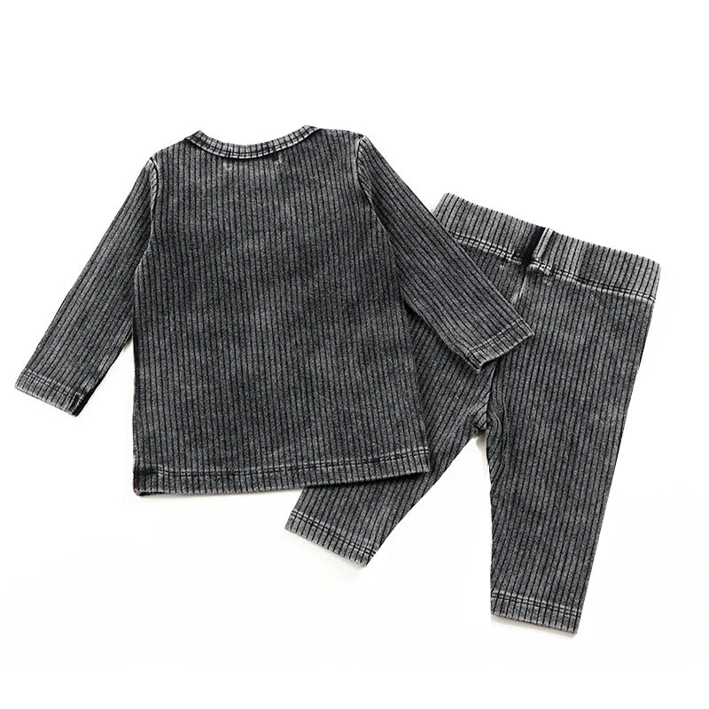 2024 ribbed black washed sets with string winter clothes dress for girls childhood shirts and baby pants black tired dresses