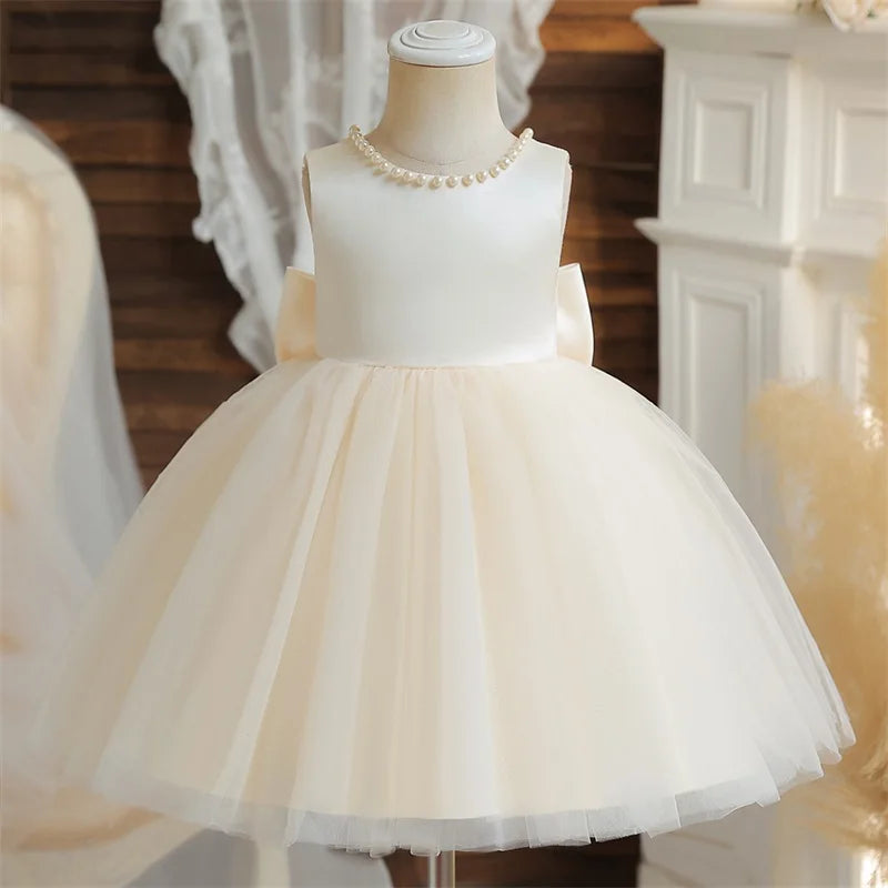 Flower Girl Dresses for Wedding Kids Lace Backless Tulle Tutu Princess Prom Party Clothes Baby 1st Birthday Baptism White Dress