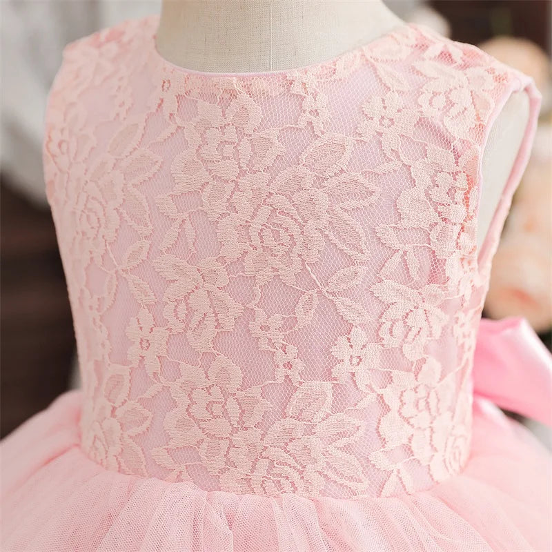Flower Girl Dresses for Wedding Kids Lace Backless Tulle Tutu Princess Prom Party Clothes Baby 1st Birthday Baptism White Dress