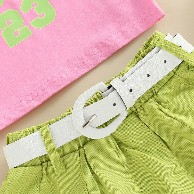 FOCUSNORM 1-6Y Fashion Little Girls Kids Clothes Sets 2pcs Letter Patchwork Sleeveless Causal Vest+Solid Pleated Skirts+Belt