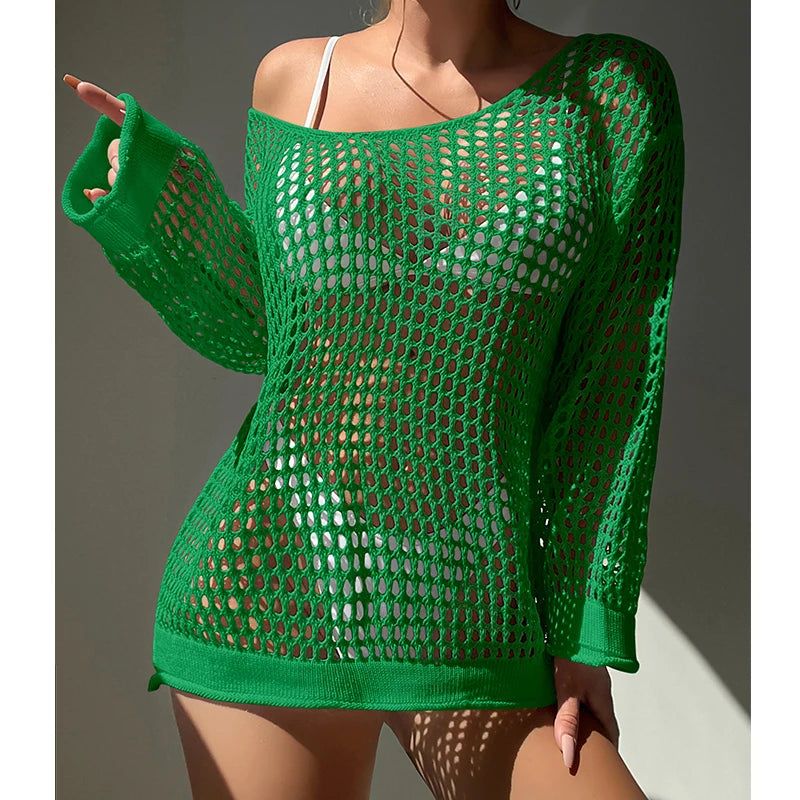 Knitting Loose Swimsuit Cover-Ups Sexy Hollow Out Round Collar Top Women Summer Beach Holiday Fashion Sunscreen Smock Top
