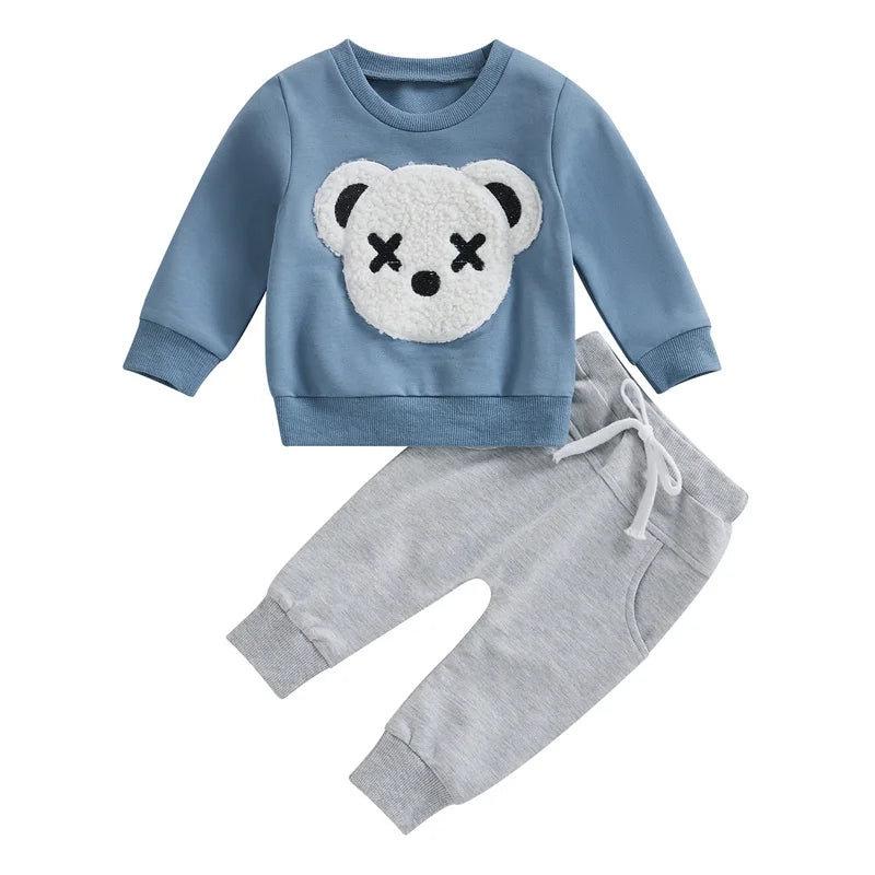 1-5 Years Kid Boys Girls 2Pcs Tracksuit Suits Fall Baby Plush Cartoon Bear Long Sleeves Sweatshirt Top + Elastic Waist Pants
