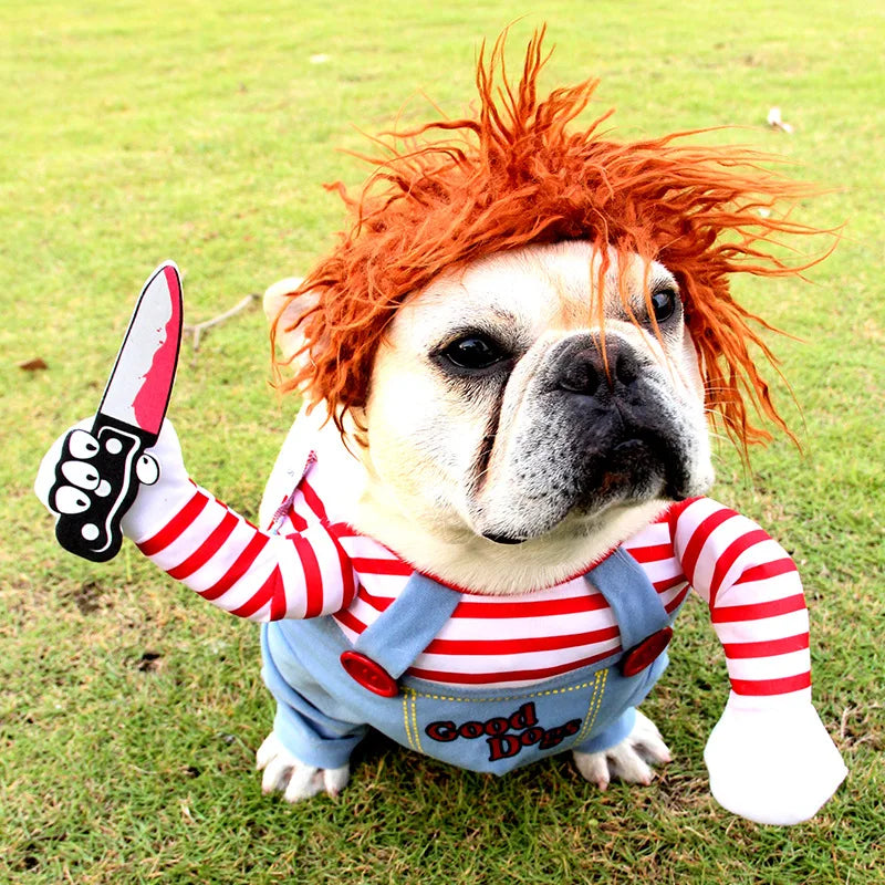 Small and Medium Sized Pet Dog Funny Clothes Cosplay Fatal Dolls Henshin Outfit Wig Upright Scary Costume Halloween Gatherings