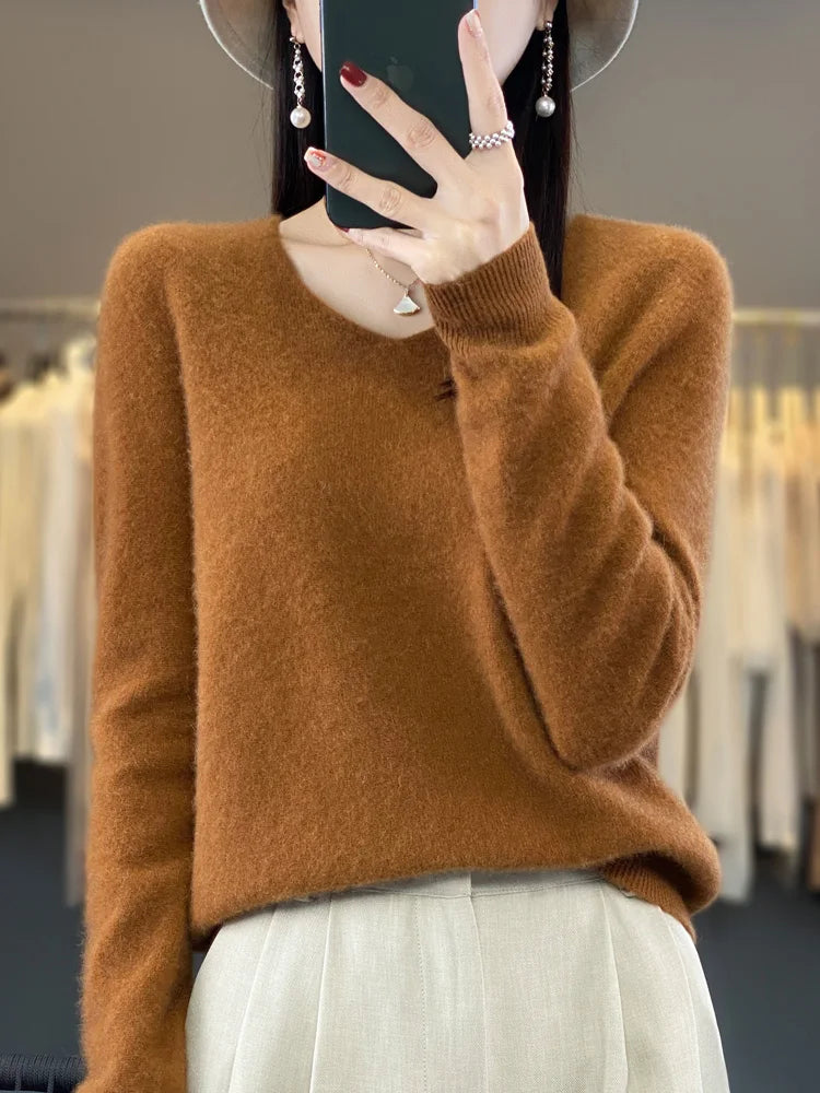 Fashion100% Merino Wool Sweater Cashmere Pullover Women Knitwear V-Neck Long Sleeve Autumn Winter Fashion Basic Clothing Tops