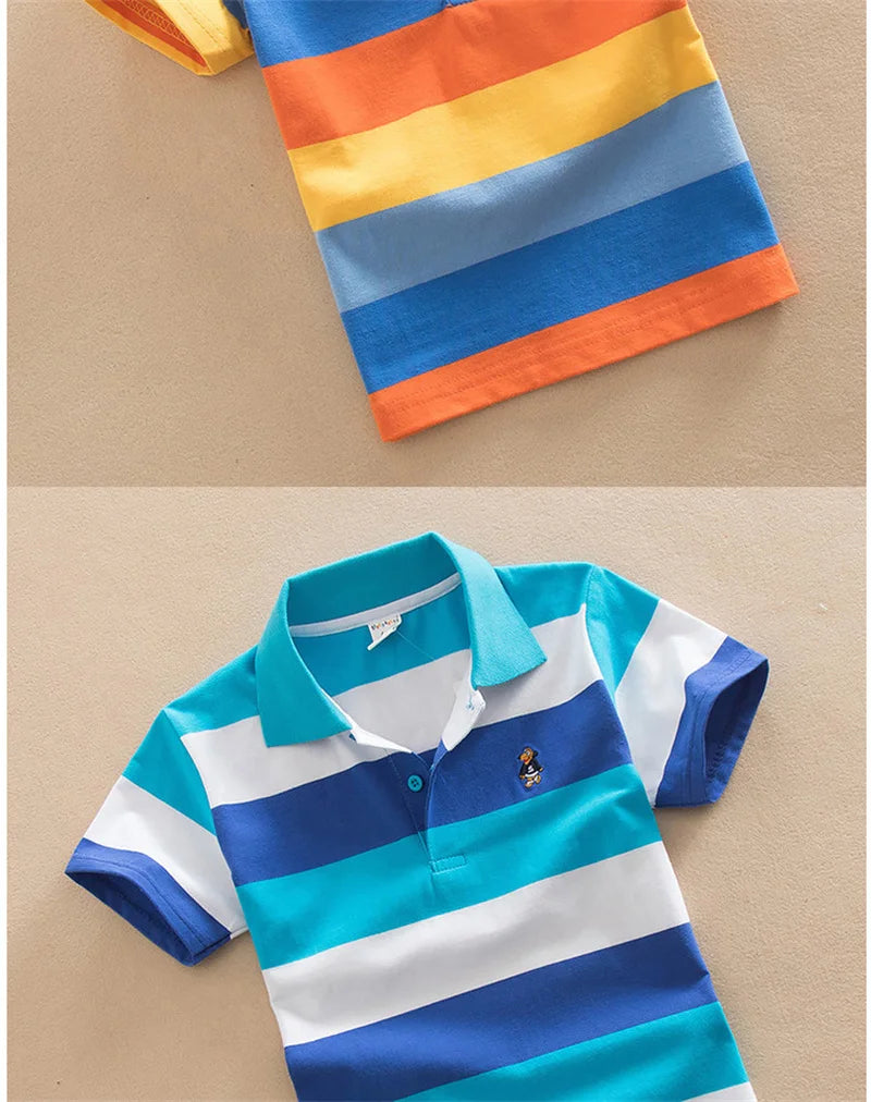 T-shirt For Boys Summer Children Short Sleeve Stripe Tees Cartoon Bear Embroidery Tops Teens Breathable Polo Shirt Kids Clothing