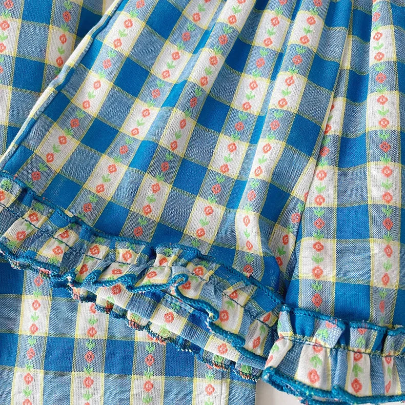 Children's Clothing Sets Blue Plaid Floral Print Sleeveless Top + Wide Leg Pants + Shorts 3 Pcs Sets Kids Clothes for Girls