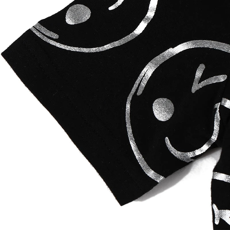 AA-kids boy summer spring fashion clothes 2pcs set cotton long sleeve and short sleeve 2pcs clothes set smile print black set