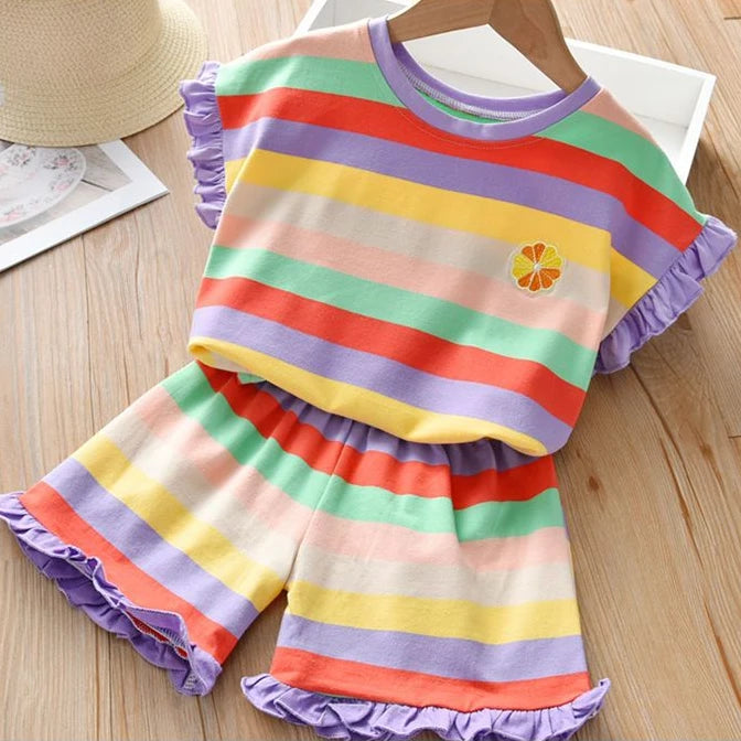Children's Clothing Sets Floral Embroidery Short Sleeve Lace Top + Striped Printed Shorts 2pcs Sets Kids Clothes for Girls