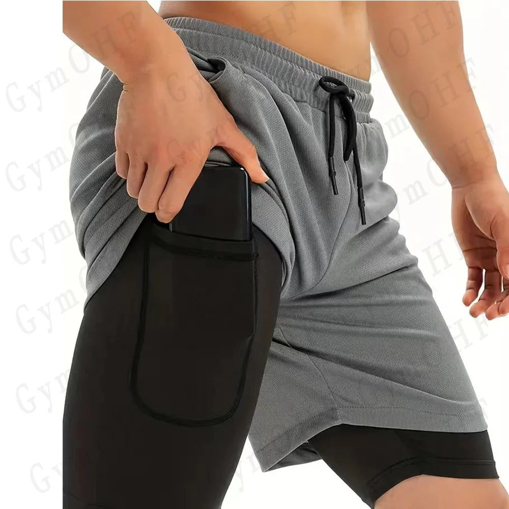 Anime Compression Shorts Men T Shirt Summer Sportswear Gym Jogging Training Workout Male Fitness Sport 2 In 1 Shorts Quick Dry