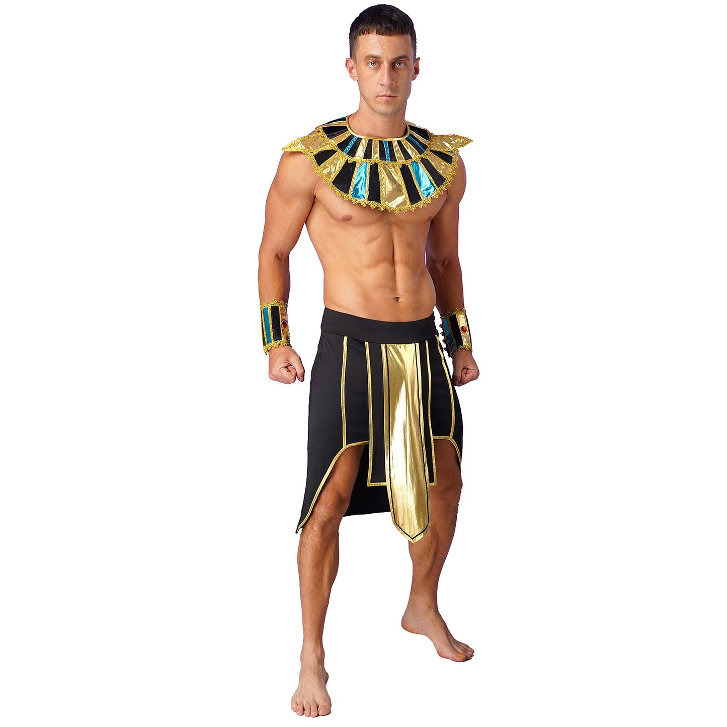 Mens Ancient Egyptian Pharaoh King Cosplay Costume Halloween Fancy Dress Skirt with Cuffs Collar Outfit for Theme Party/Stage