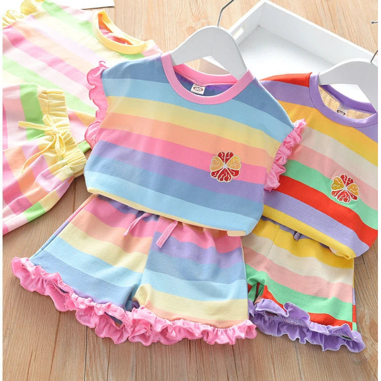 Children's Clothing Sets Floral Embroidery Short Sleeve Lace Top + Striped Printed Shorts 2pcs Sets Kids Clothes for Girls